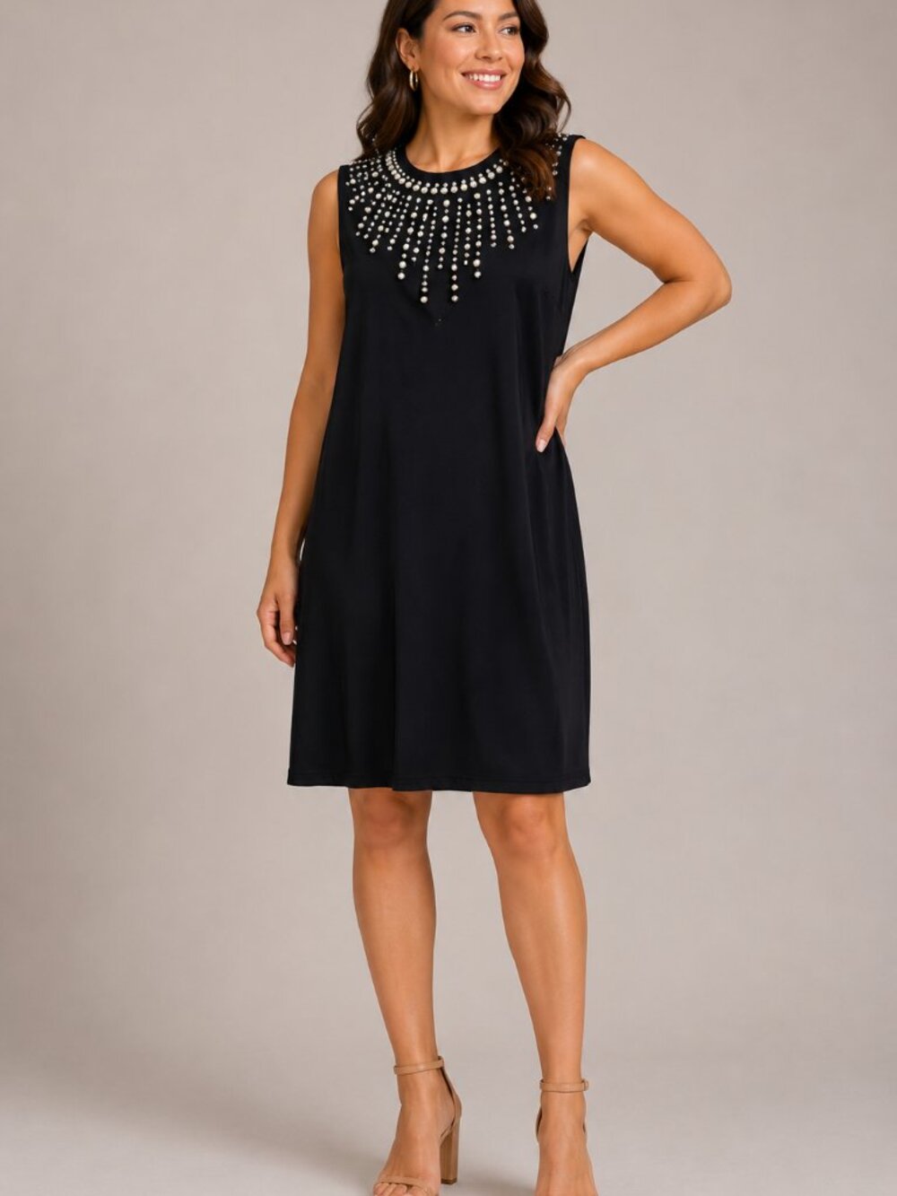 London Times Petites PXL Black Pearl Rhinestone Shift Dress